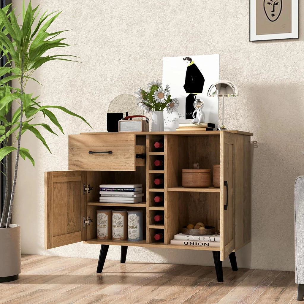 Credenza Cucina Industriale, Cantinetta Vino Legno con 6 Bottiglie di Vino, 2 Scomparti con Anta e Dispositivo Antiribaltamento, Mobile a Buffet, Bar, Naturale, 90 x 40 x 79 cm