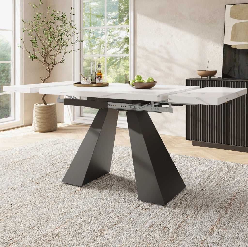 Tavolo da pranzo allungabile 99-159x74x77 cm con piano in MDF effetto marmo; bianco e nero