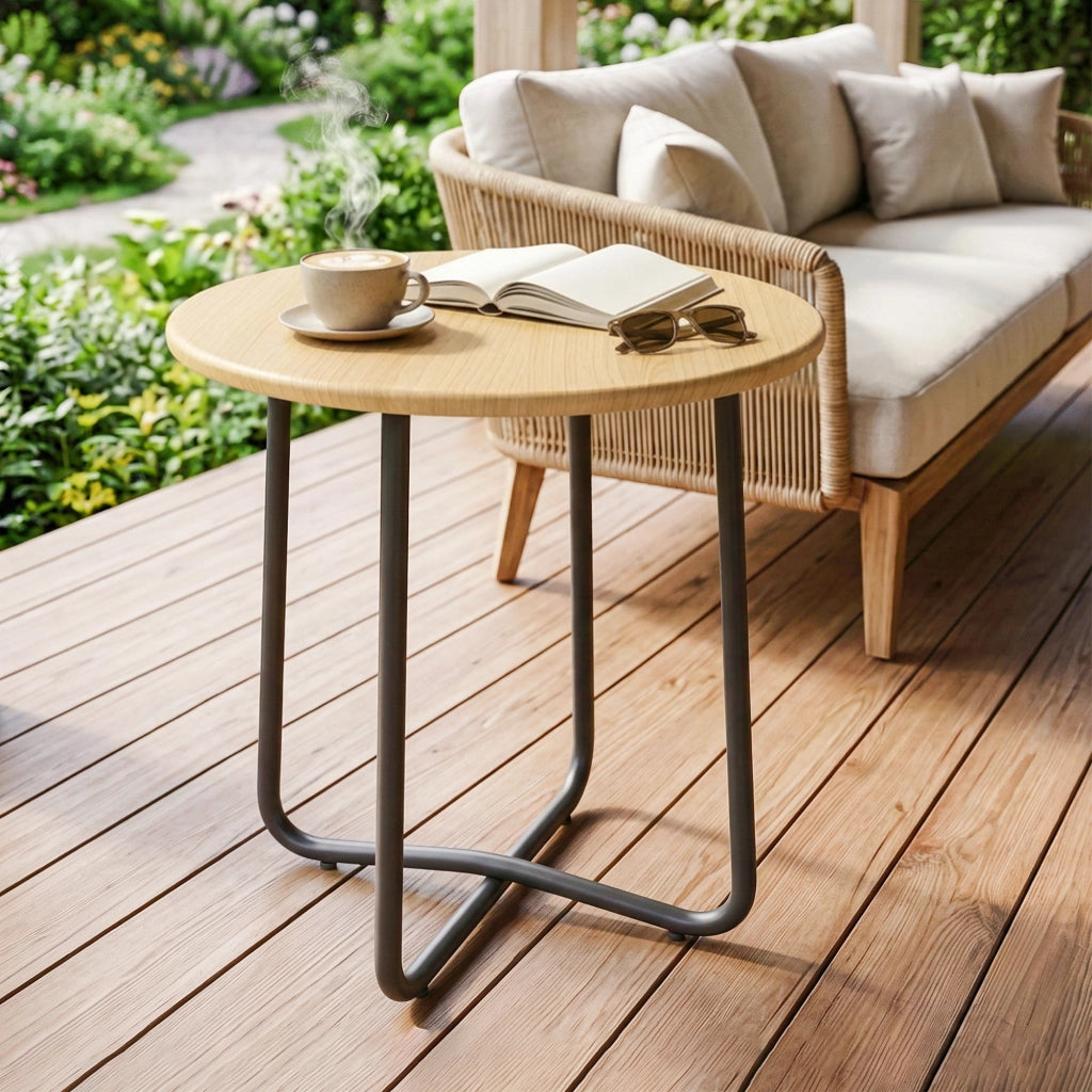 Tavolino da Giardino Rotondo in Metallo. per Balcone e Terrazzo. ?48x51 cm. Effetto Legno Naturale