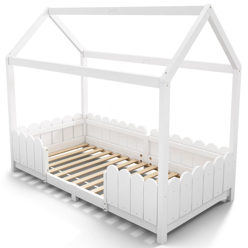 Letto a casa 90x200 cm bianco in legno massello con protezione anticasco e rete a doghe
