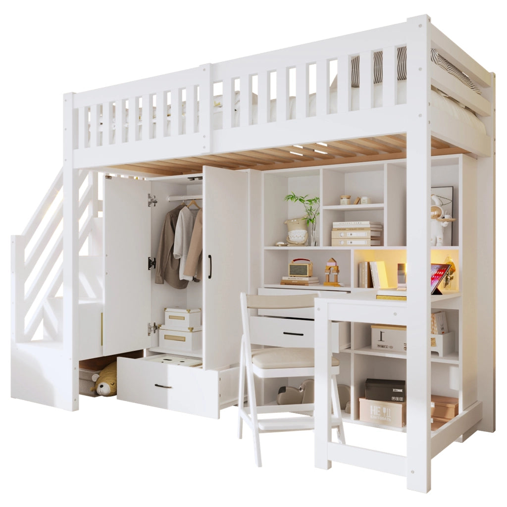 Letto a soppalco con scala contenitore, armadio e scrivania, 90x200 cm, bianco