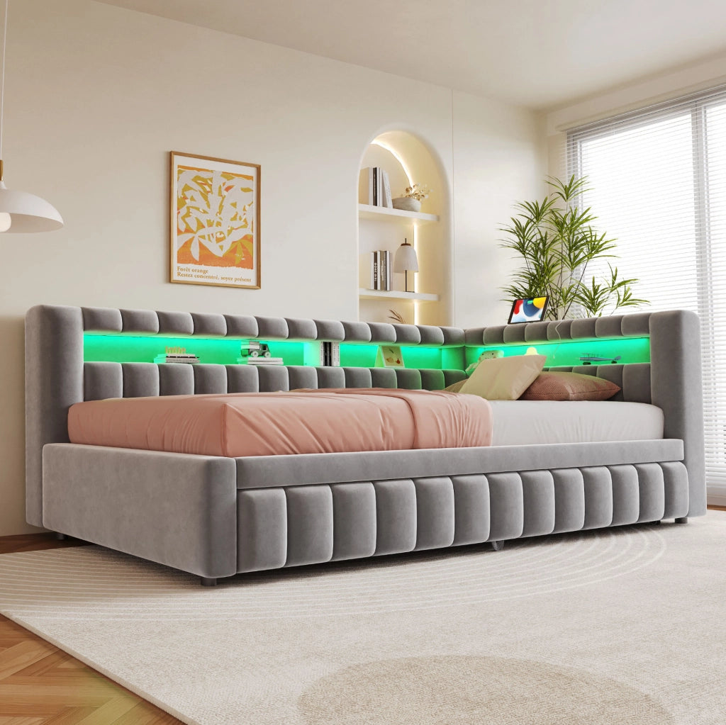 Sof脿 letto estraibile imbottito 90x200 cm in velluto grigio chiaro con LED; USB e Type-C