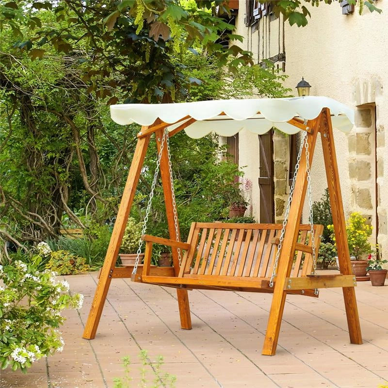 DONDOLO DA GIARDINO 2 POSTI IN LEGNO DI PINO CON TETTUCCIO PARASOLE BIANCO