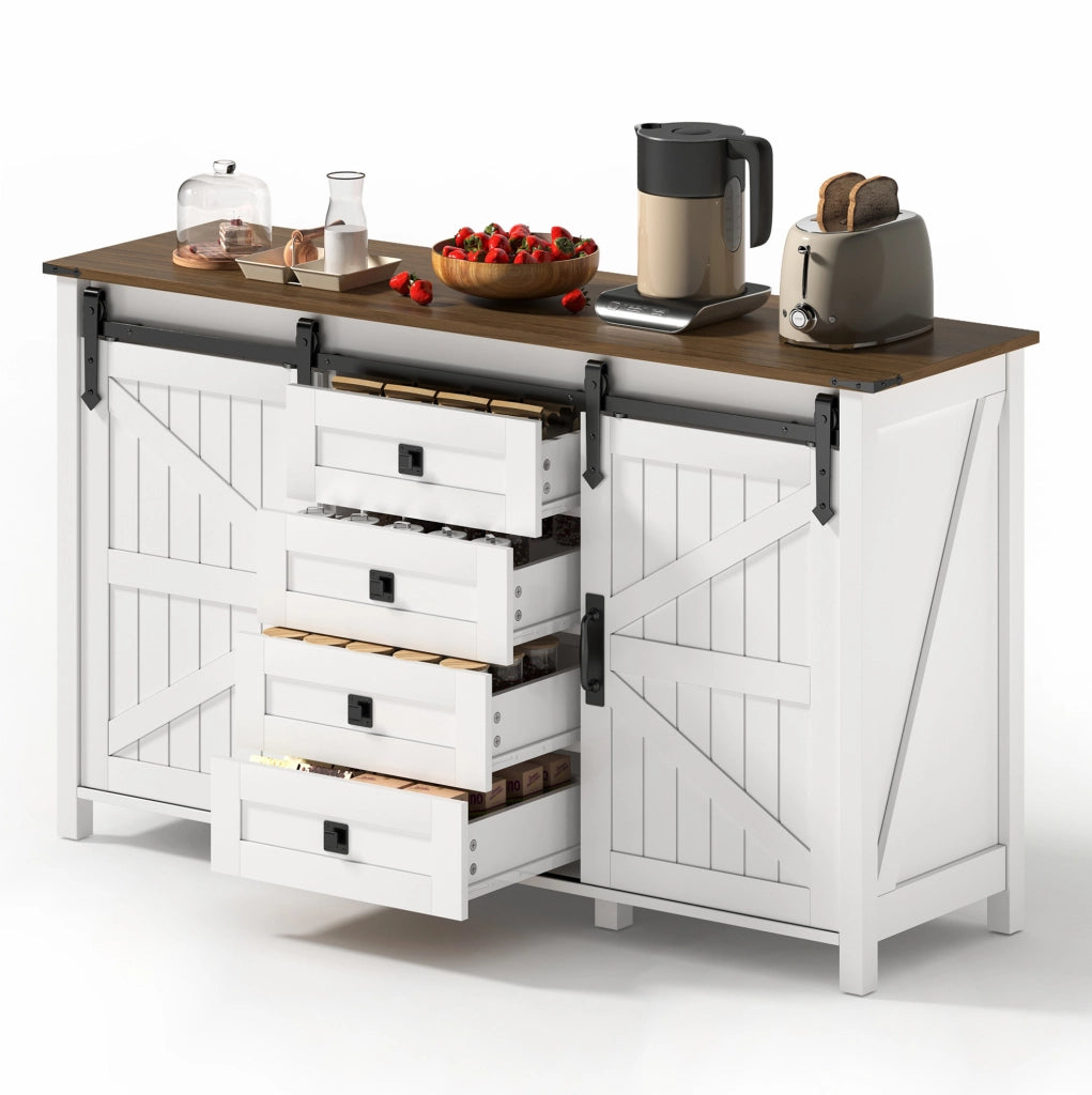 Credenza 137x40x81.5 cm con ante scorrevoli e 4 cassetti; MDF bianco