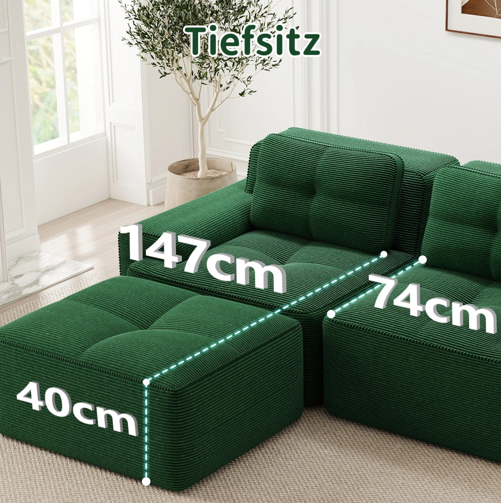 Divano modulare a U 204x177x69 cm in velluto a coste verde; seduta profonda; senza montaggio