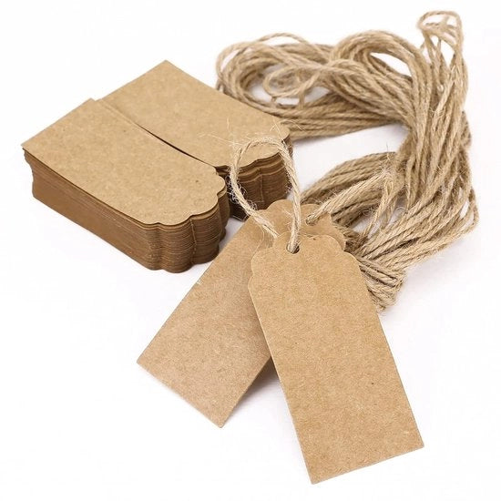 Etichette in Carta Kraft - Cadeaubon Multiuso - 10 Pezzi - Marrone - Carta di Alta Qualità - 9x4,5 cm