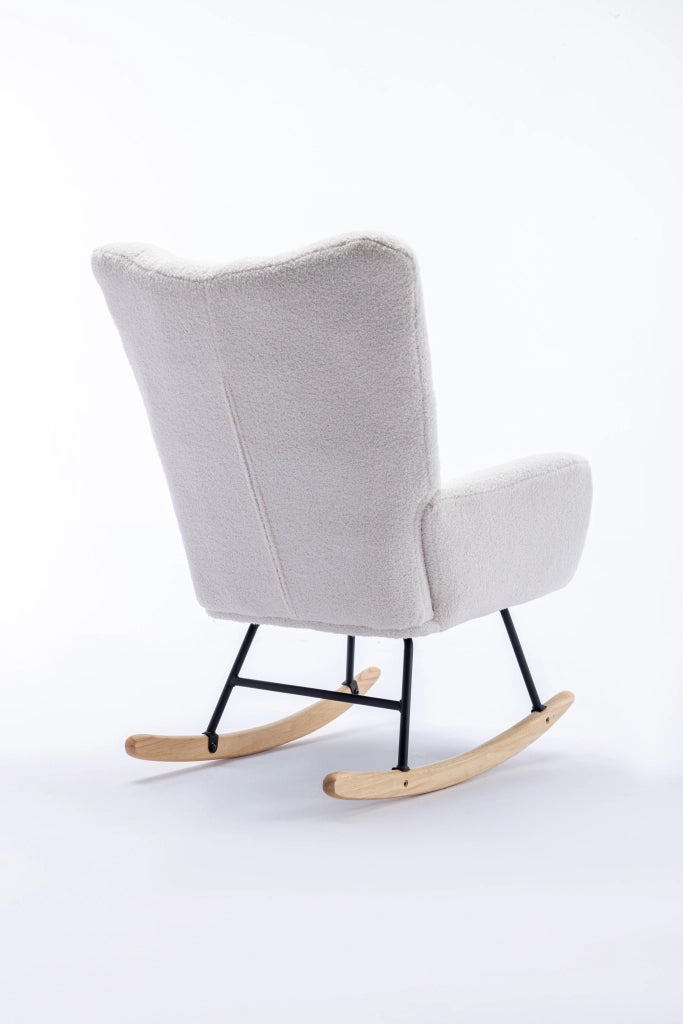 Poltrona a dondolo in tessuto teddy con schienale ergonomico e base in legno, per soggiorno e cameretta, bianco