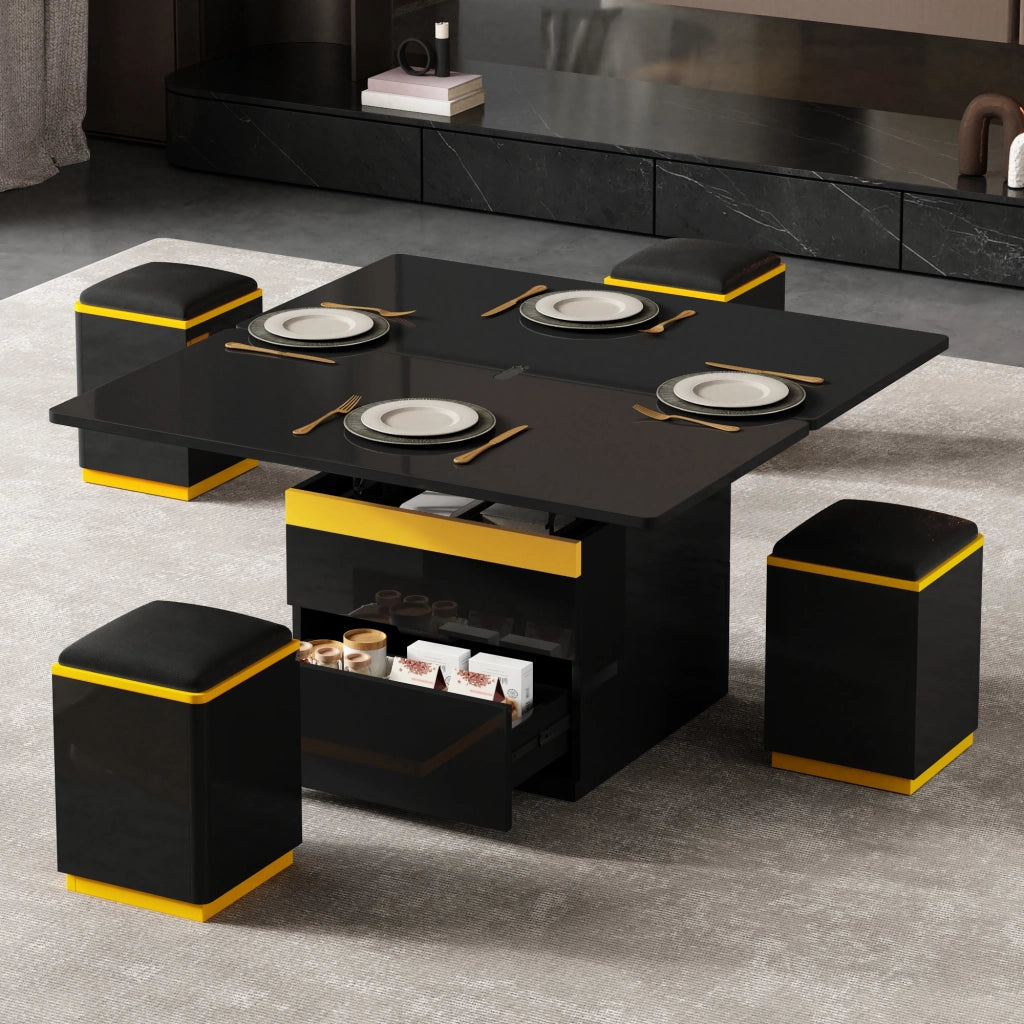 TAVOLINO Alzabile e ribaltabile 100x50x43 cm Nero e Giallo Set con 4 sgabelli