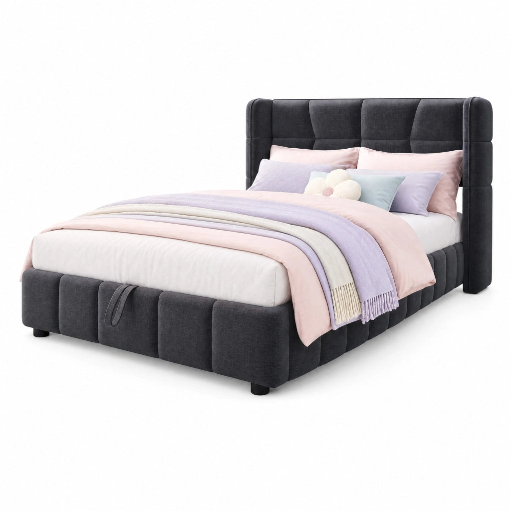 Letto singolo imbottito ULEVR 90x200 cm con contenitore sollevabile e testiera laterale ampia, grigio