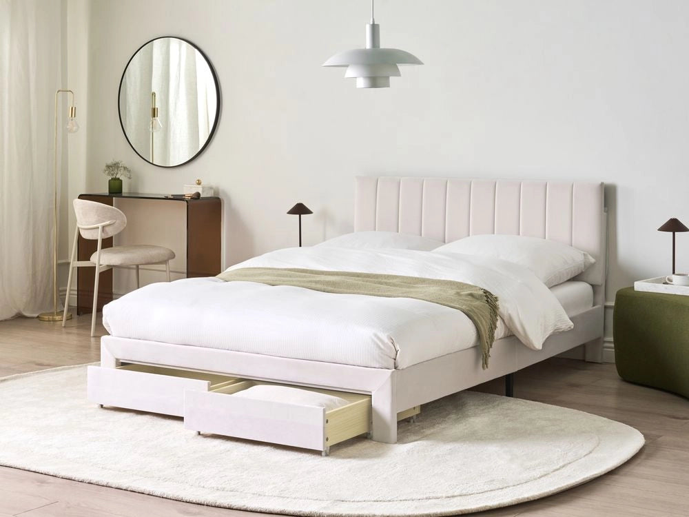 Letto matrimoniale 140 x 200 cm Bianco Sporco Rivestimento in velluto 4ft con cassetti Testiera Base a doghe Moderno