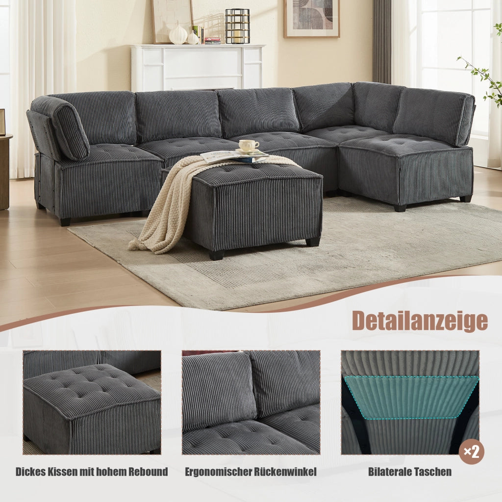 OKWISH Divano Modulare 6 Posti, Configurabile a U o L e Funzione Letto, Tasche Laterali, Velluto a Coste, Grigio