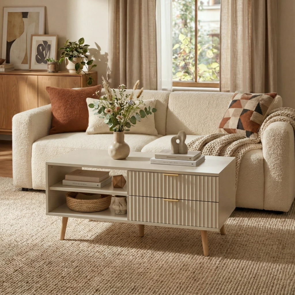 Tavolino da Salotto Nand con 2 Cassetti e 3 Scomparti Aperti 100 x 50 x 45 cm - Color Avena [en.casa]