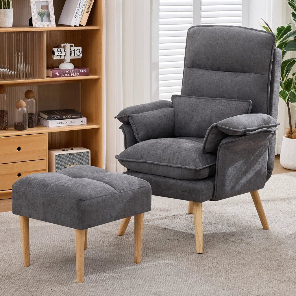 Poltrona Relax con Pouf, schienale regolabile 5 posizioni, tessuto effetto lino grigio