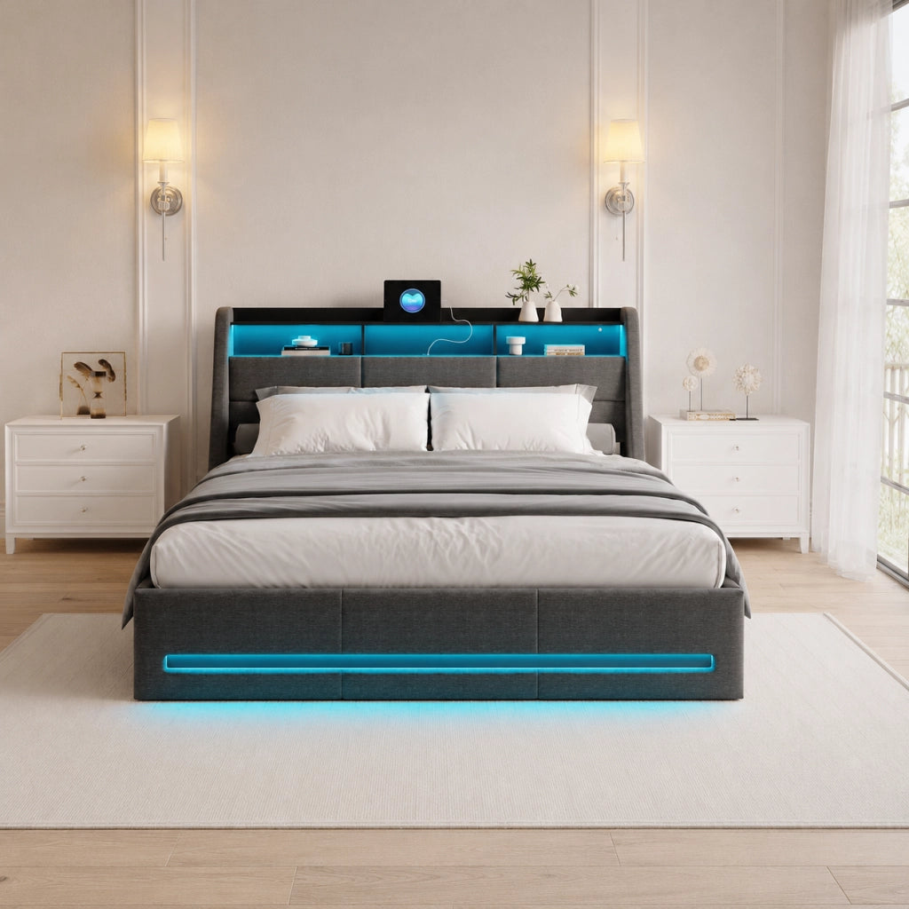 Letto matrimoniale con contenitore idraulico 140×190 cm, tessuto grigio, effetto sospeso LED RGB, testiera con vani, ricarica USB e USB‑C