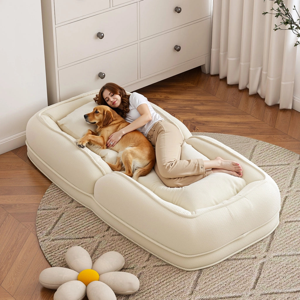 Divano letto pieghevole ergonomico con schienale regolabile a 5 posizioni e 2 cuscini in tessuto bianco sporco