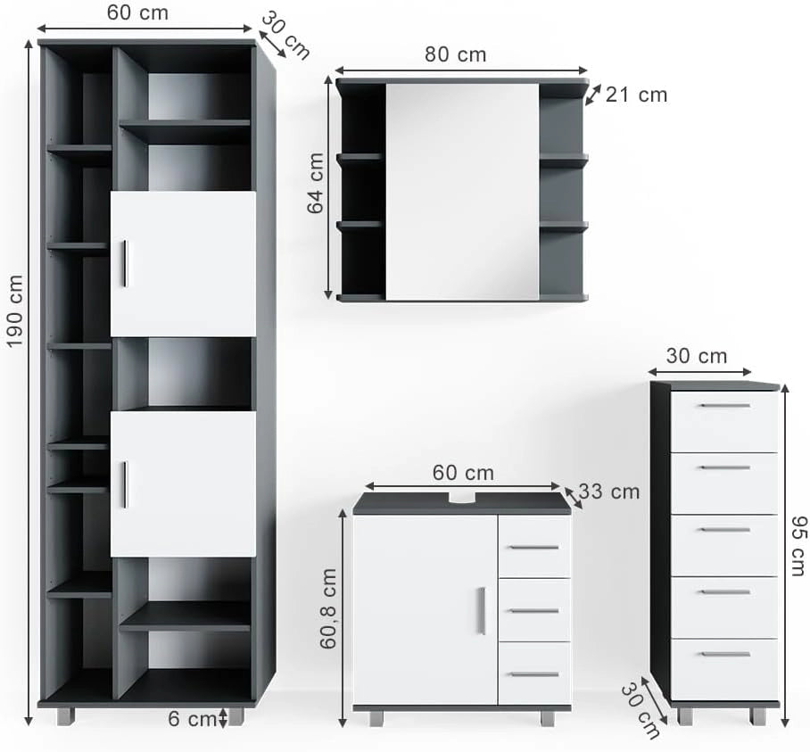 Set mobili bagno Ilias, Antracite, 60 cm, composto da mobile lavabo, pensile a specchio, colonna e base media
