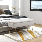 Panca da letto imbottita con vano contenitore e gambe in acciaio in tessuto effetto lino crema 100 × 40 × 49 cm