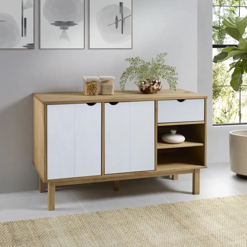 Credenza Marrone e Bianca 114x43x73,5 cm Legno Massello di Pino