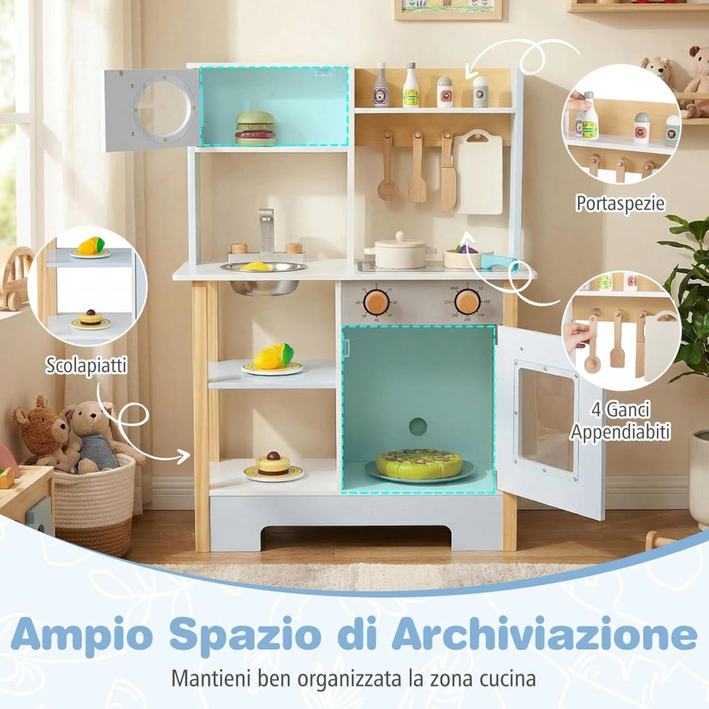 Cucina Giocattolo in Legno per Bambini, Set Cucina Gioco con Lavagna e Accessori Completi, Gioco di Finzione per Bambini 3+ Anni, 61,5 x 26 x 85 cm