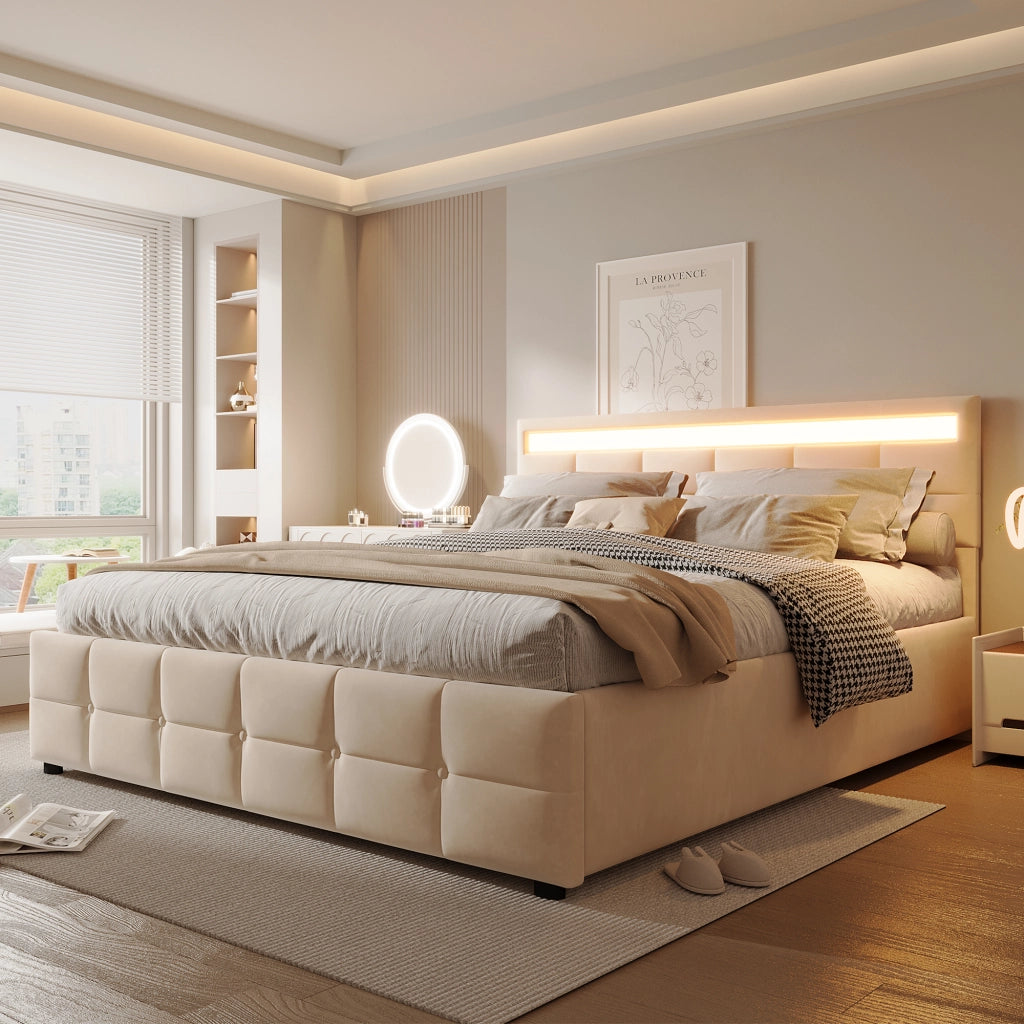 OKWISH Letto Contenitore 180×200 cm, Letto Matrimoniale con LED e Sollevamento Idraulico, senza Materasso, in Velluto, Beige