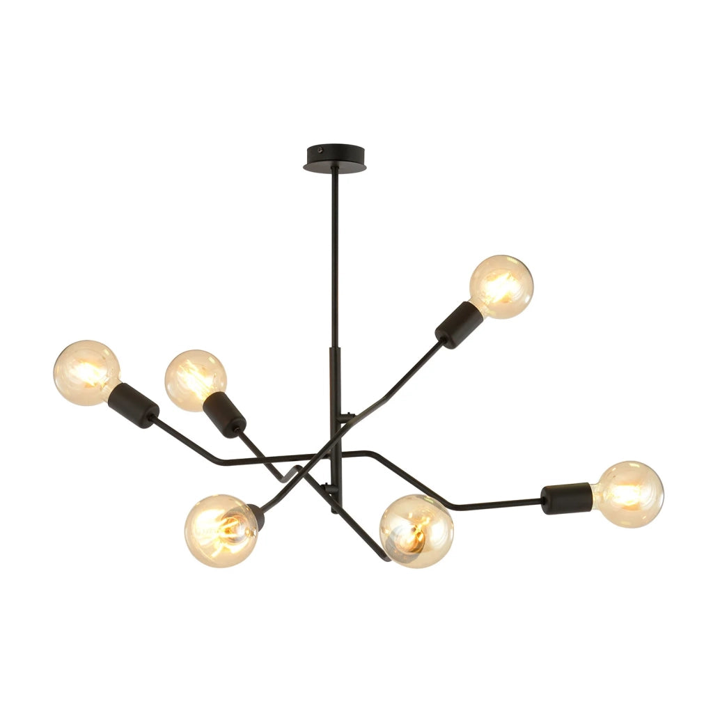 Sospensione Industrial 6 Luci Febe In Acciaio Nero E Bracci Regolabili