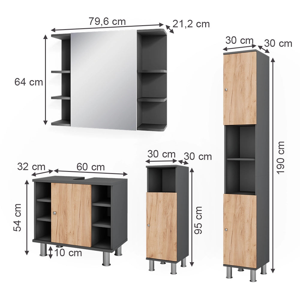 Vicco Set di mobili da bagno Antracite/quercia dorata 4 parti