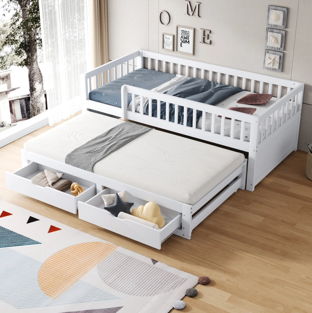 Divano letto 90x200 cm; letto estraibile e 2 cassetti; legno; bianco