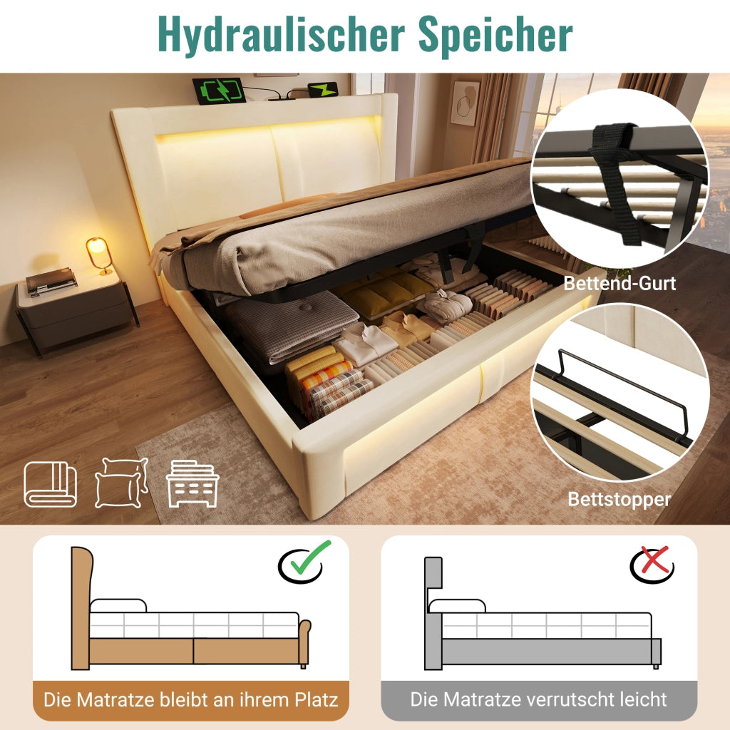 Letto matrimoniale contenitore 140×200 cm con LED; USB e Type-C; senza materasso; velluto; beige