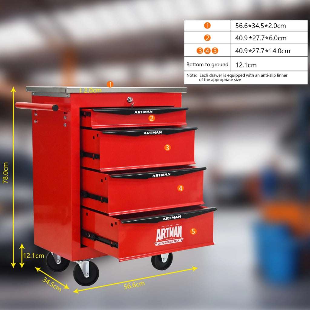 Carrello portautensili con 4 cassetti 4 ruote e serratura per garage e officina in acciaio rosso e nero 62.5 × 34.5 × 78 cm