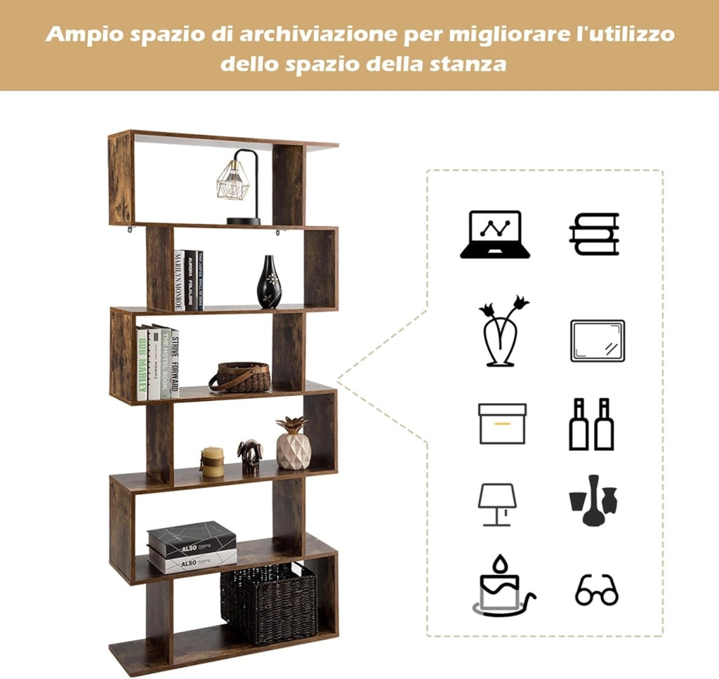 Scaffale a 6 Ripiani, Libreria a Forma di S, Libreria Scaffale da Terra in Legno, Divisorio per Soggiorno, Camera da Letto, Ufficio, 80 x 23 x 192 cm (Caffè)