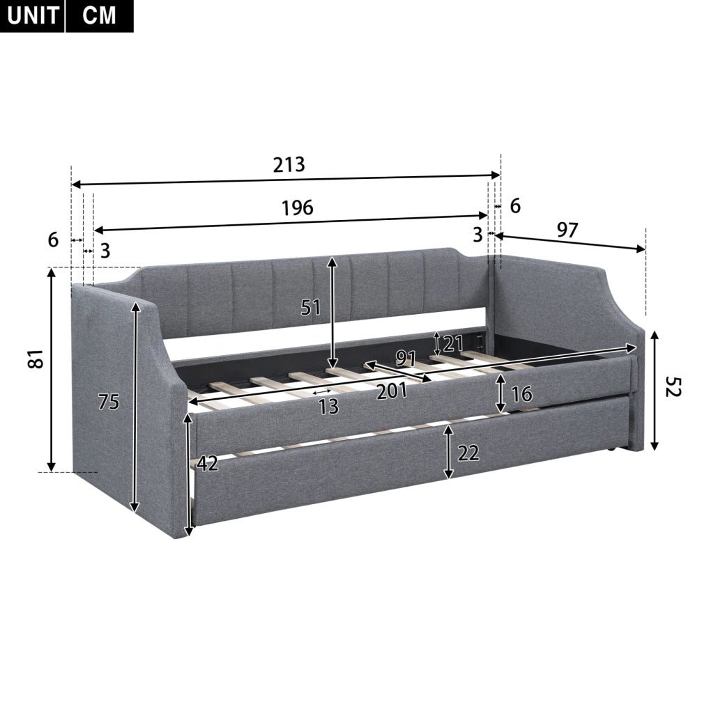 Letto Giorno Singolo Imbottito con Letto Estraibile 90x200 cm Grigio