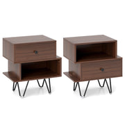 Set di comodini a 2 pezzi con cassetto rimovibile-Tavolini laterali con scomparto aperto e gambe in metallo Noce