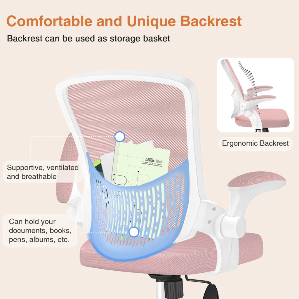 Sedia da ufficio con braccioli -  Sedia da ufficio ergonomica - Su ruote - Sedia girevole regolabile in altezza - Bianco rosa