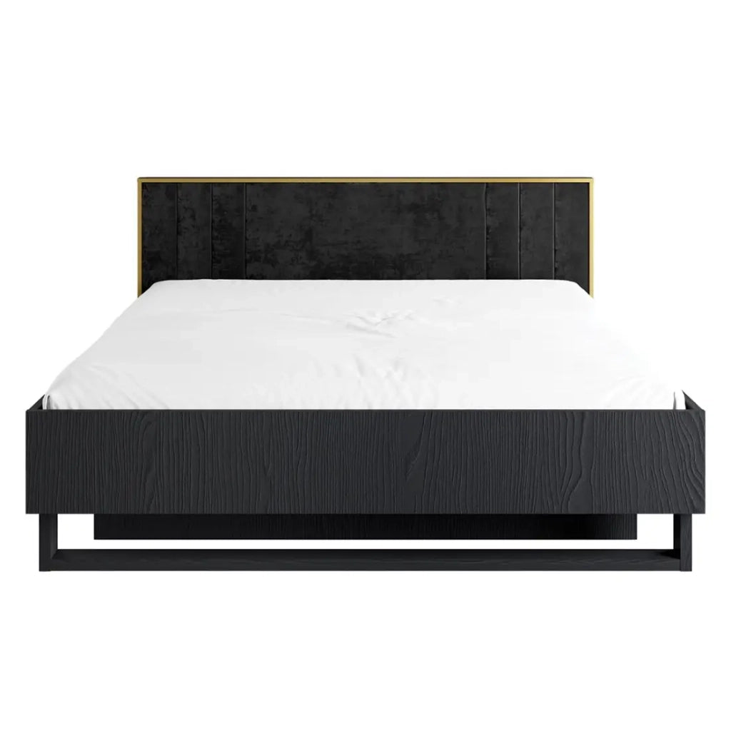 Letto MONDO – 160x200 cm – Nero strutturato e dorato – Piedi in metallo – Rete inclusa