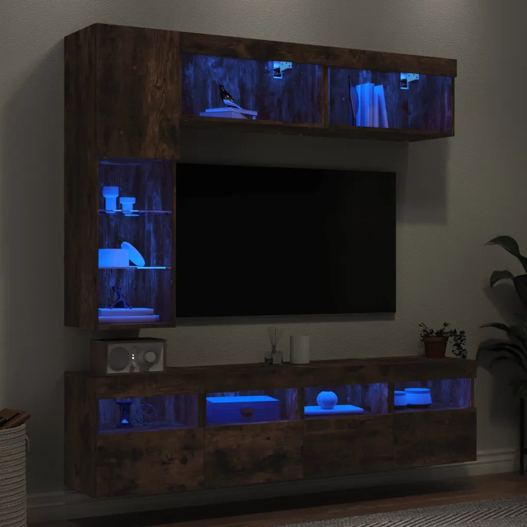 Set Mobili TV a Muro 7 pz con Luci LED Rovere Fumo 3216761