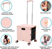 Carrello pieghevole, 54 l/45 kg, alta capacità, carrello multifunzionale portatile con maniglia telescopica e 4 ruote rotabili e smontabili per shopping, picnic, cassa di stoccaggio, rosa
