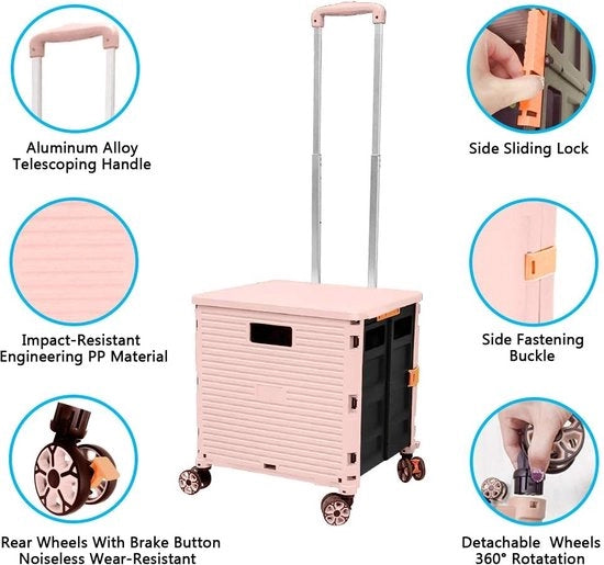 Carrello pieghevole, 54 l/45 kg, alta capacità, carrello multifunzionale portatile con maniglia telescopica e 4 ruote rotabili e smontabili per shopping, picnic, cassa di stoccaggio, rosa