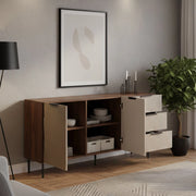 Credenza Monzuno, Madia da salotto con due ante battenti e tre cassetti, Rialzato da terra, 156x42 h75 cm, Noce e Beige