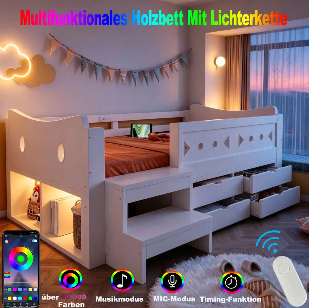 Letto per bambini multifunzionale 90x200 cm con cassetti; vani contenitore; LED e USB; bianco