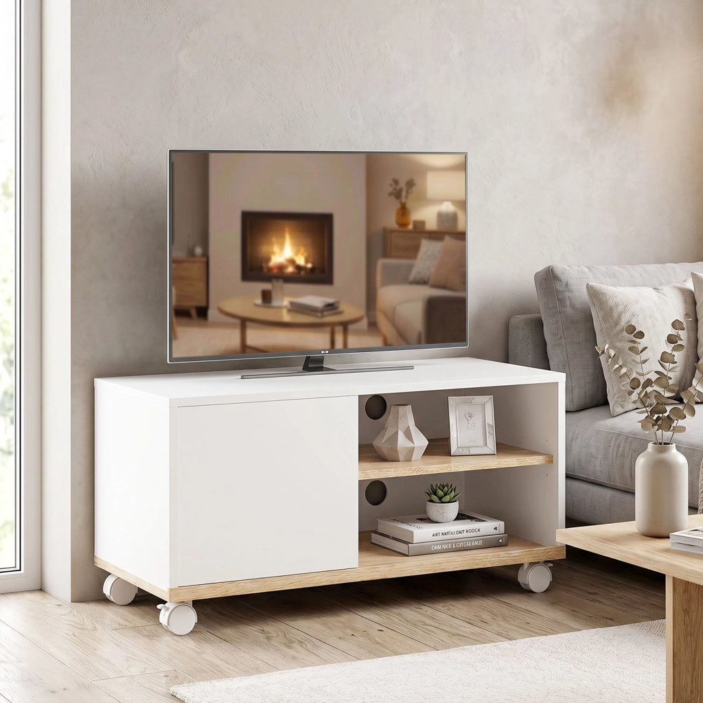 Mobile TV con rotelle e freni, credenza con ante e ripiano regolabile ¨C Minimal ¨C Bianco e Rovere