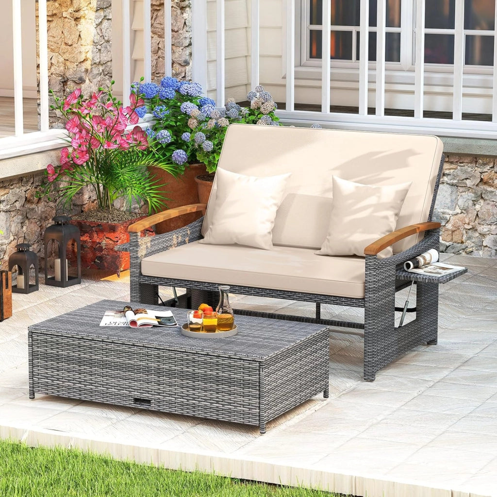 Lettino Prendosle da Giardino con Cuscino per 2 Persone, Divano in Rattan con Panca Contenitore, Schienale Regolabile a 4 Livelli e Vassoi Laterali Estraibili per Balcone e Terrazza