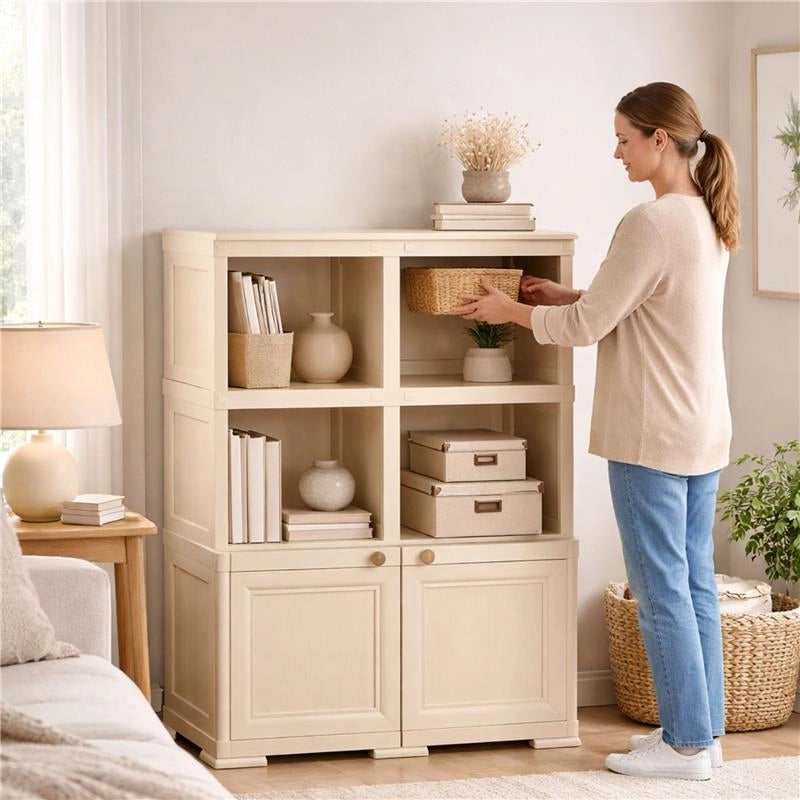 ARMADIO IN PLASTICA 79X43X125 CM EFFETTO LEGNO CON SCAFFALI APERTI E MODULO CHIUSO ANGORA, MOBILE CONTENITORE DA INTERNO E VERANDA