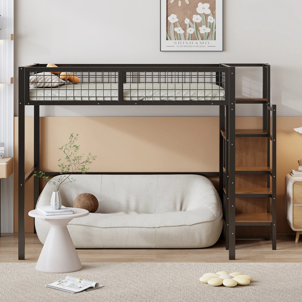 Letto a soppalco 140x200 cm nero con armadio e scala