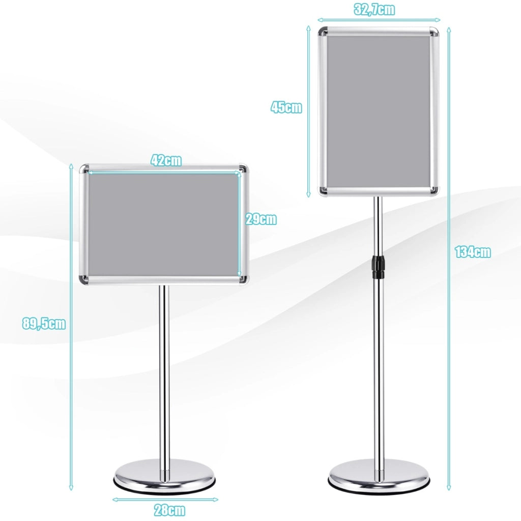 Lavagnetta da pavimento autoportante, Bacheca porta men¨´ in metallo con altezza regolabile 89-135cm Argento-Espositore pubblicitario