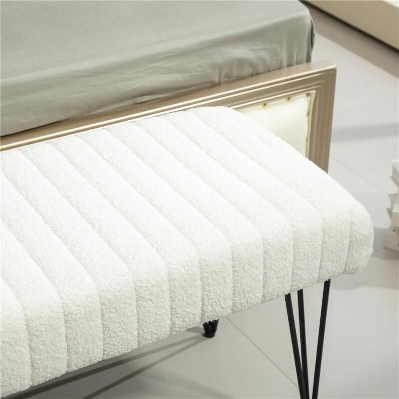 PANCA FONDOLETTO MODERNA CON GAMBE A FORCINA, IN TESSUTO EFFETTO CINIGLIA, LEGNO E METALLO, 118.5X46X49.5 CM, CREMA