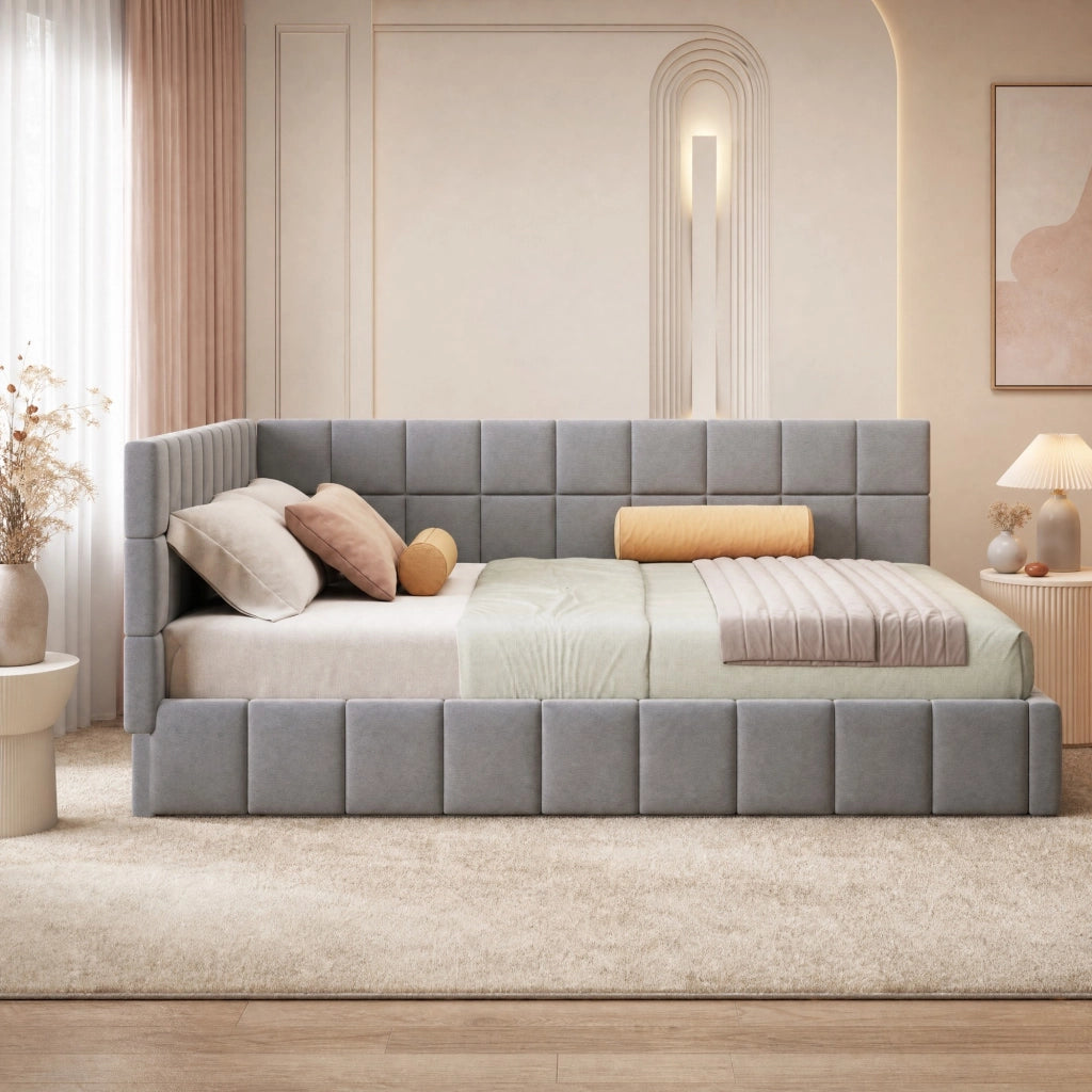 Letto a giorno imbottito in tessuto con rete a doghe; 160x200 cm; grigio