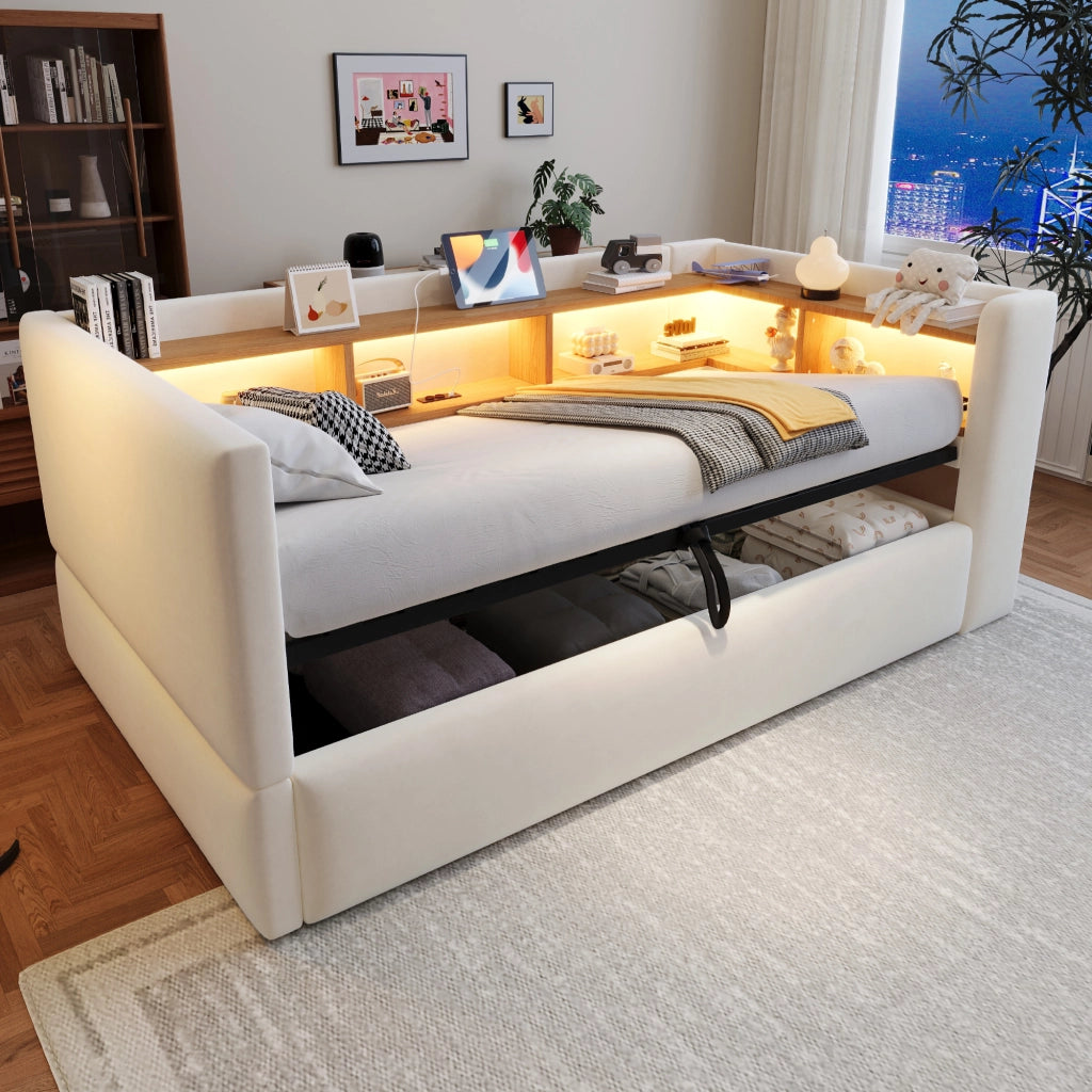 DIVANO LETTO 90x190 cm Beige in flanella con vani contenitore