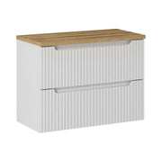 Set da bagno VANO bianco 80cm: mobile sottolavabo con cassetti intagliati + piano per lavabo in rovere chiaro