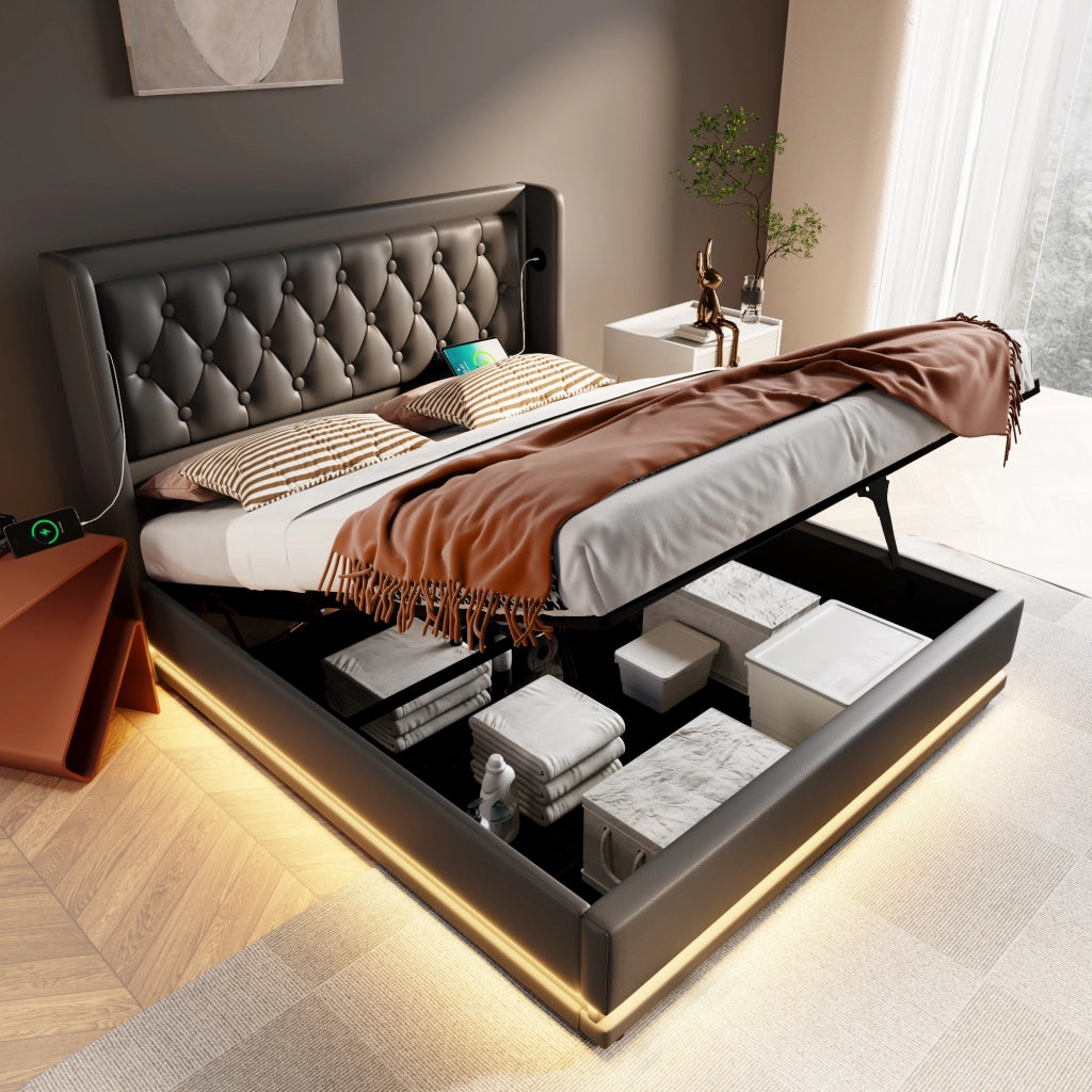 Letti contenitori 160x200 cm; testiera con USB e LED; PU nero (Senza materasso)