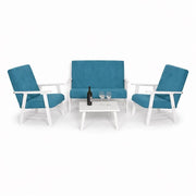 SET SALOTTO DA GIARDINO CON DIVANO, 2 POLTRONE + TAVOLINO IN LEGNO BIANCO E TESSUTO COLORE PETROLIO